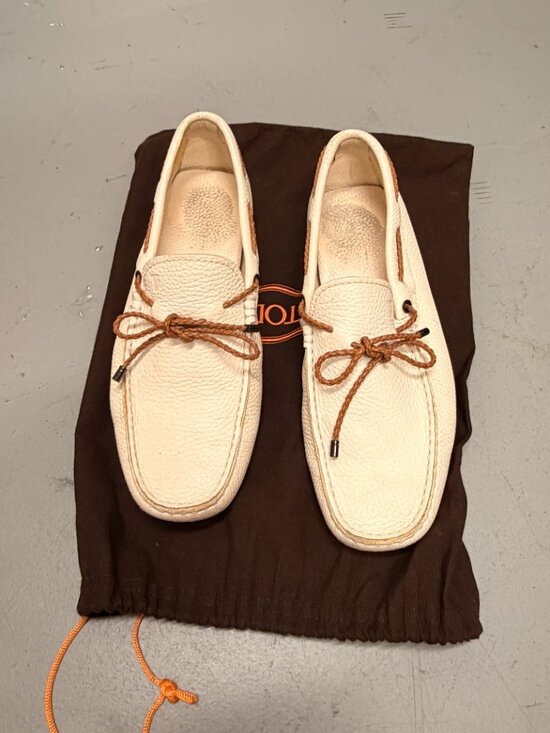 Tod's Other - Tod's Gommino Drivers/Loafers, White Leather w/ Tan Laces, Men's 8